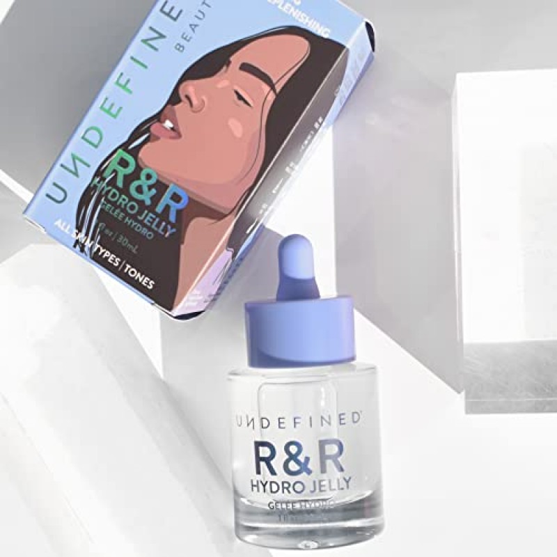 Undefine Beauty R&R 하이드로 젤리 페이스 + 아이 세럼, 펩타이드, 히알루론산, 아슈와간다, 센텔라, 베타 글루칸, 레이시가 함유되어 건조하고 탈수된 피부를 위한 하이드레이팅 퍼밍 보충