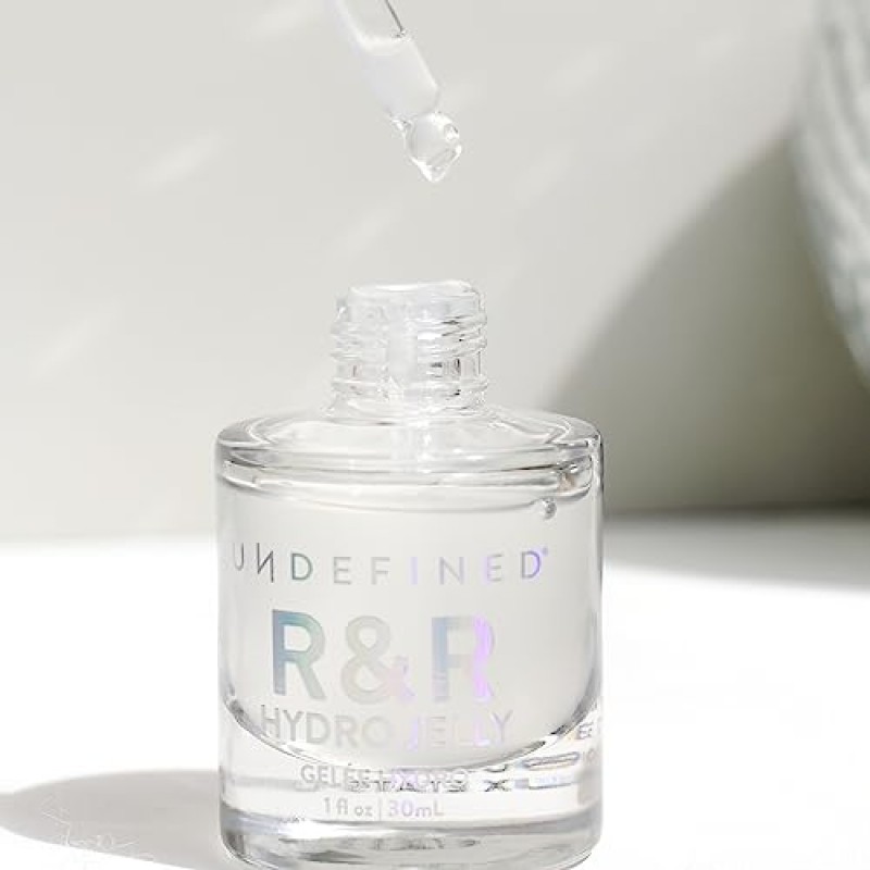 Undefine Beauty R&R 하이드로 젤리 페이스 + 아이 세럼, 펩타이드, 히알루론산, 아슈와간다, 센텔라, 베타 글루칸, 레이시가 함유되어 건조하고 탈수된 피부를 위한 하이드레이팅 퍼밍 보충