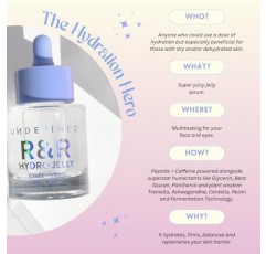 Undefine Beauty R&R 하이드로 젤리 페이스 + 아이 세럼, 펩타이드, 히알루론산, 아슈와간다, 센텔라, 베타 글루칸, 레이시가 함유되어 건조하고 탈수된 피부를 위한 하이드레이팅 퍼밍 보충