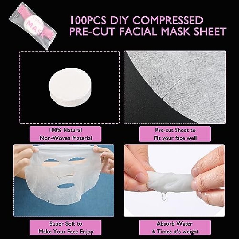 압축 페이셜 시트 마스크, 100pcs DIY 일회용 페이셜 마스크, 얼굴 스킨 케어를 위한 동전 모양의 페이셜 시트 마스크 종이, 100% 부직포, 여행용 독립 포장 마스크