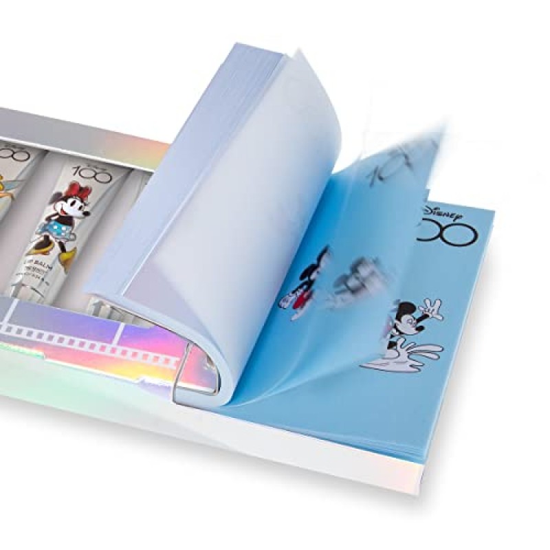 MAD BEAUTY 디즈니 100년의 불가사의 4피스 립밤 세트 한정판, 립 스매킹 향: 바닐라, 사과, 코코넛, 딸기, 푸, 팅커벨, 미키, 미니, 수집용 플립북