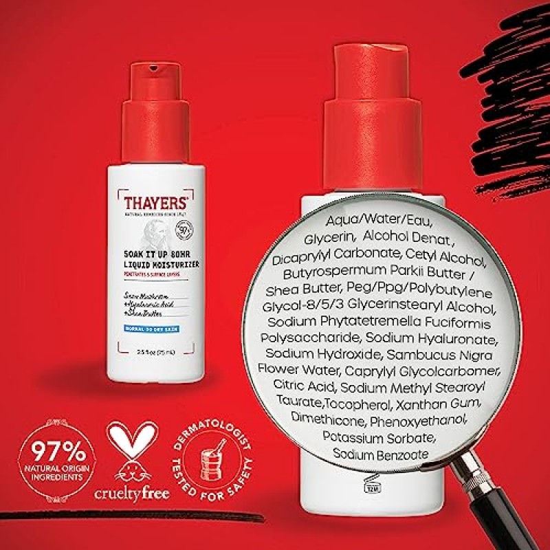 THAYERS Soak It Up 80HR 액체 모이스처라이저, 히알루론산과 눈버섯이 함유된 페이스 모이스처라이저, 피부과 전문의 테스트를 거친 중건성 피부용 스킨 케어, 2.5온스