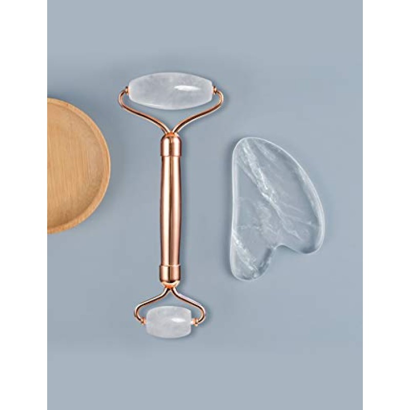Gua Sha 페이셜 마사지 도구, 로즈 쿼츠 페이스 롤러, 얼굴용 옥 롤러, 뷰티 페이스 마사지기, 눈 마사지기, 주름 감소, 림프 배수, 페이스 리프트.HANABEE 스킨 케어 세트 및 키트(화이트 쿼츠)