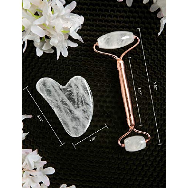 Gua Sha 페이셜 마사지 도구, 로즈 쿼츠 페이스 롤러, 얼굴용 옥 롤러, 뷰티 페이스 마사지기, 눈 마사지기, 주름 감소, 림프 배수, 페이스 리프트.HANABEE 스킨 케어 세트 및 키트(화이트 쿼츠)