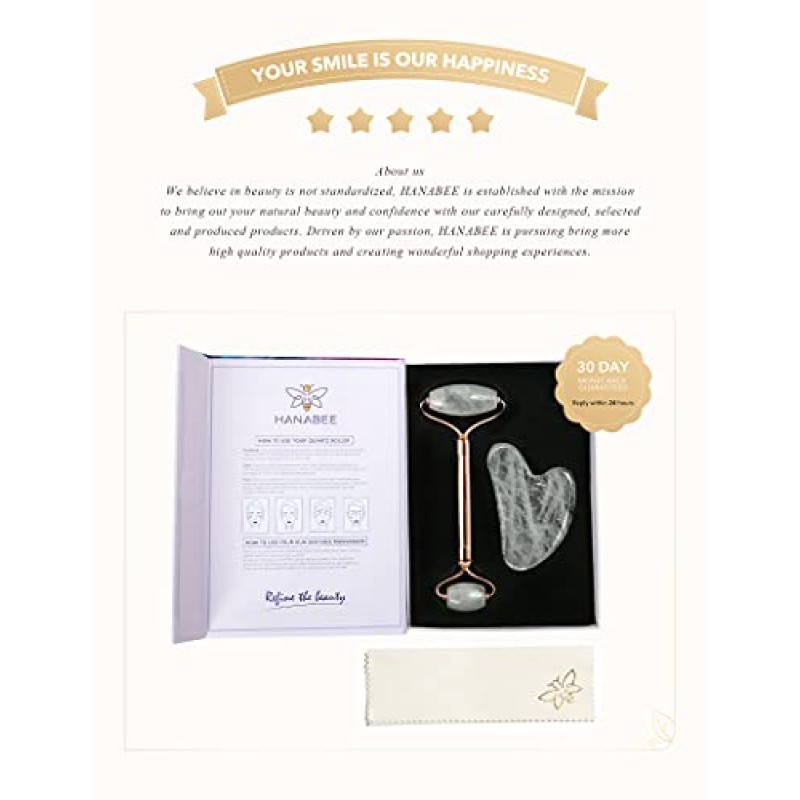 Gua Sha 페이셜 마사지 도구, 로즈 쿼츠 페이스 롤러, 얼굴용 옥 롤러, 뷰티 페이스 마사지기, 눈 마사지기, 주름 감소, 림프 배수, 페이스 리프트.HANABEE 스킨 케어 세트 및 키트(화이트 쿼츠)