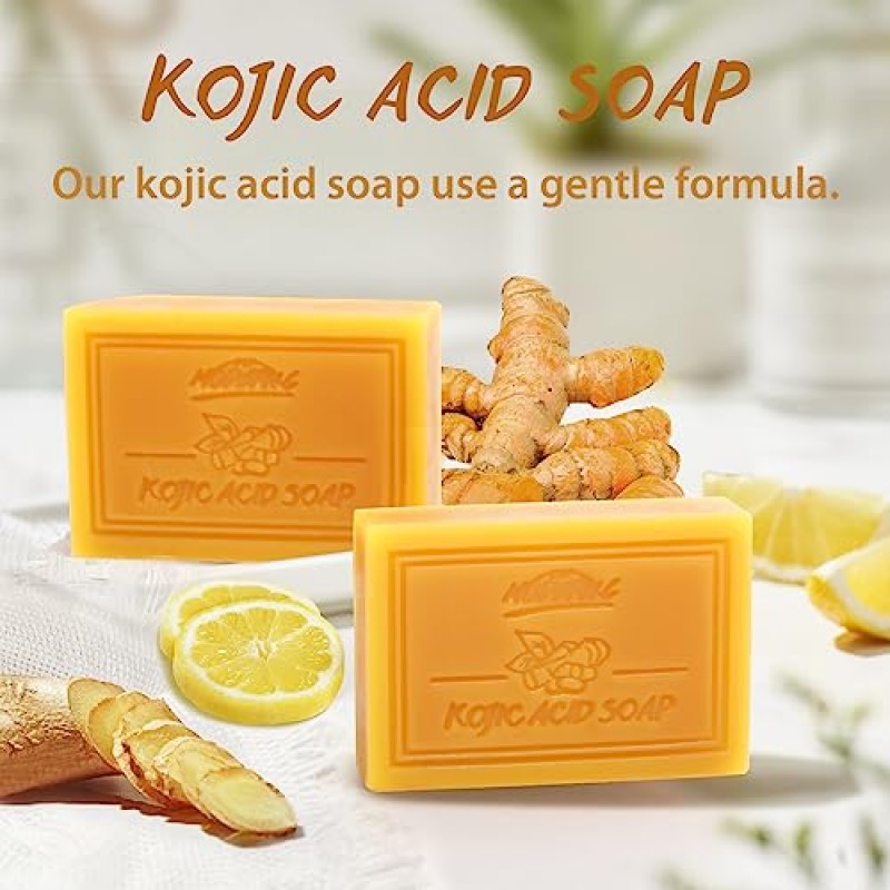 POP MODERN.C 코직산 비누 다크 스팟 리무버 심황 비누 얼굴 및 바디 고르기 톤 피부 비타민 C 여드름 여드름 비누 선물 2x100g 비누 1개 메쉬 비누 파우치 및 나무 비누 홀더