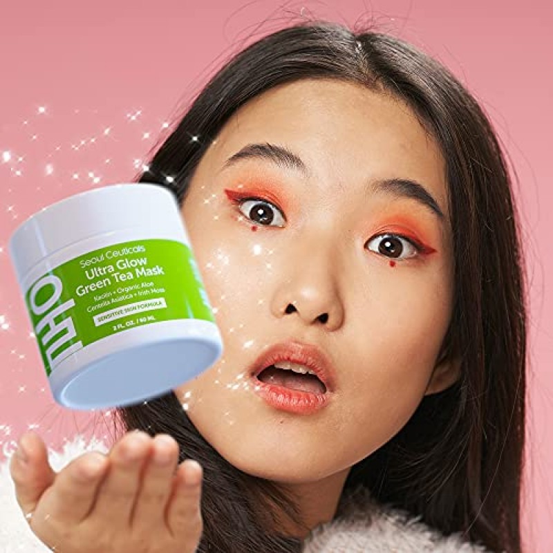 SEOULCeuticals 민감한 피부를 위한 한국 스킨 케어 페이스 마스크 - 한국 스킨케어 그린티 워시 오프 마스크 - K 뷰티 페이스 마스크 - 알로에 베라 마스크 + 센텔라 아시아티카 하이드레이팅 페이셜 스파 마스크 2온스