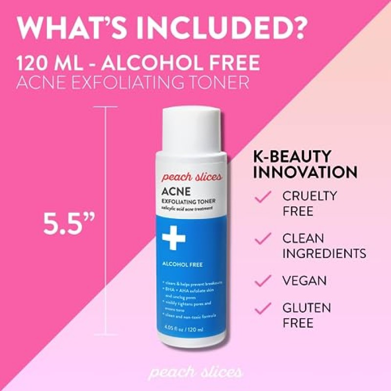 복숭아 조각 | 여드름 엑스폴리에이팅 토너 | 2% 살리실산 | AHA+BHA 각질 제거 | 페이셜 클렌저 | 진정 & 진정 | 탈주 방지 | 알코올 및 황산염 없음 | 여성과 남성을 위한 스킨케어 | 4 온스