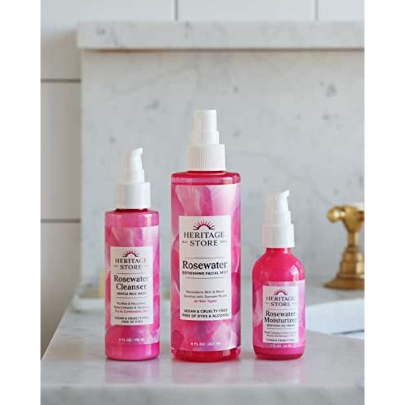 HERITAGE STORE 로즈워터, 빛나는 피부를 위한 리프레싱 페이셜 미스트, 다마스크 로즈 오일 함유, 모든 피부 타입, 염료나 알코올을 사용하지 않고 페이스용 로즈 워터 스프레이, 비건 & 크루얼티 프리(12온스)
