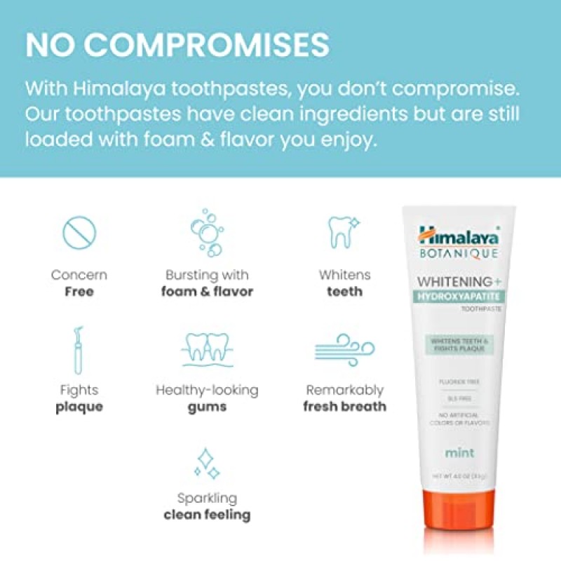 Himalaya Botanique 미백 + 하이드록시아파타이트 치약은 치아를 더 하얗게 하고 호흡을 상쾌하게 하며, 하이드록시아파타이트 지원 및 민트 향으로 플라그를 퇴치합니다. 불소가 없고 SLS가 없고 완전 채식, 4.0oz(113g)