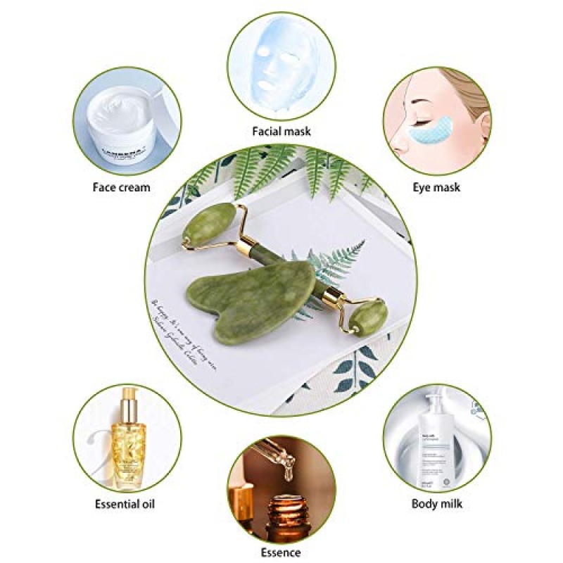 얼굴용 비취 롤러, 비취 롤러 및 Gua Sha 세트, EUASOO 100% 실제 자연 미용 얼굴 눈용 비취 얼굴 롤러 마사지 도구 목 몸 – 노화 방지 뷰티 트리트먼트