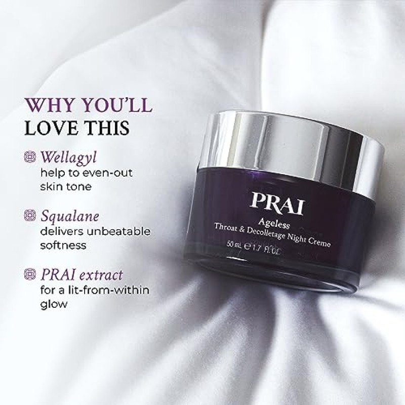 PRAI Beauty 에이지리스 스로트 & 데콜타주 나이트 크림, 목 피부 타이트닝 및 퍼밍 크림, 나이트 크림에는 2가지 형태의 레티놀이 포함되어 있습니다, 0.5온스