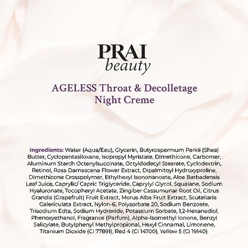 PRAI Beauty 에이지리스 스로트 & 데콜타주 나이트 크림, 목 피부 타이트닝 및 퍼밍 크림, 나이트 크림에는 2가지 형태의 레티놀이 포함되어 있습니다, 0.5온스