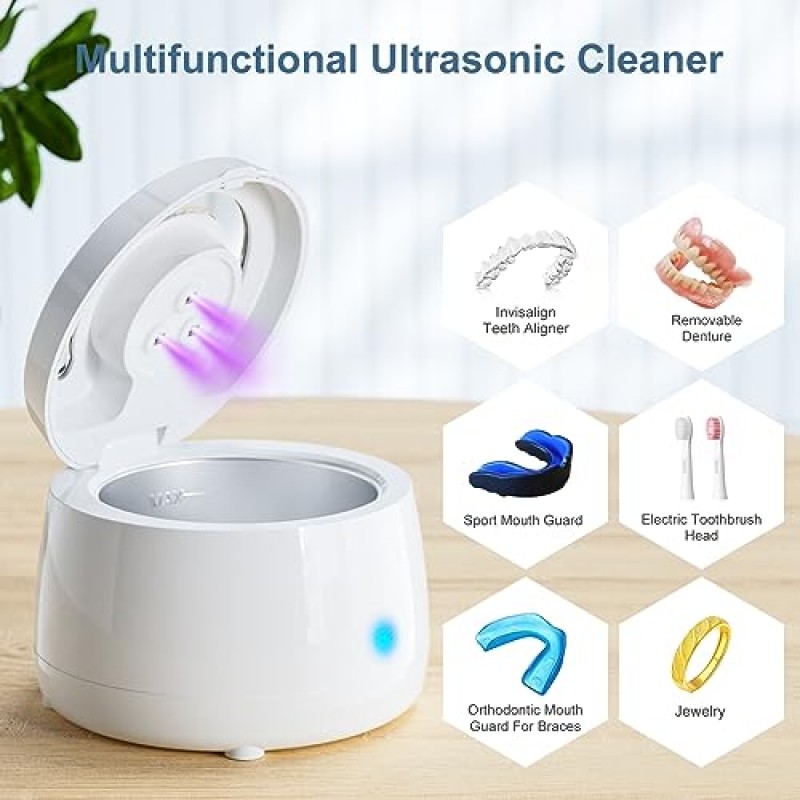 틀니용 Raymall Utrasonic Cleaner, 리테이너, 얼라이너, 미백 트레이, 마우스 가드, 칫솔 헤드, 면도기 헤드, 치과용 초음파 세척기, 보석류(흰색)