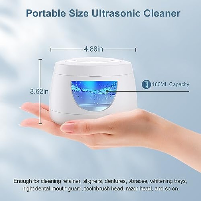 틀니용 Raymall Utrasonic Cleaner, 리테이너, 얼라이너, 미백 트레이, 마우스 가드, 칫솔 헤드, 면도기 헤드, 치과용 초음파 세척기, 보석류(흰색)