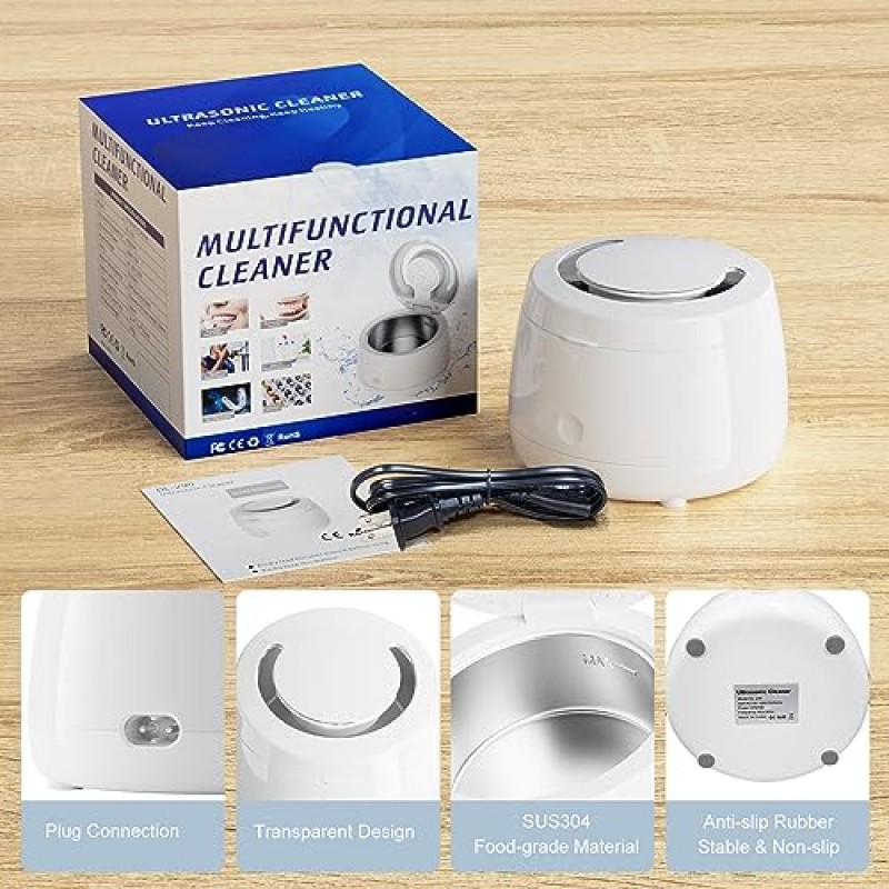 틀니용 Raymall Utrasonic Cleaner, 리테이너, 얼라이너, 미백 트레이, 마우스 가드, 칫솔 헤드, 면도기 헤드, 치과용 초음파 세척기, 보석류(흰색)