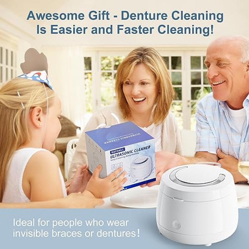틀니용 Raymall Utrasonic Cleaner, 리테이너, 얼라이너, 미백 트레이, 마우스 가드, 칫솔 헤드, 면도기 헤드, 치과용 초음파 세척기, 보석류(흰색)