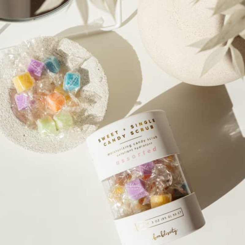 Bonblissity Sweet+Single Candy Sugar Scrub, 모듬, 30개 - 각질 제거, 피부, 손, 발, 천연 버터 및 오일, 설탕, 짠맛, ​​개별 포장, 각질 제거 및 보습, 이동 중, 여행