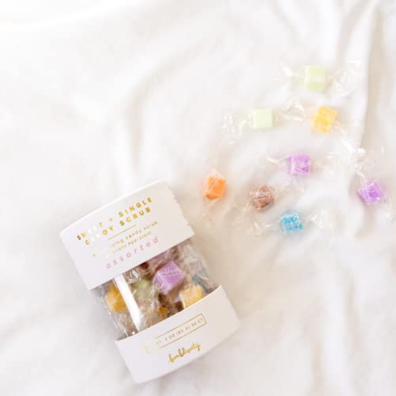 Bonblissity Sweet+Single Candy Sugar Scrub, 모듬, 30개 - 각질 제거, 피부, 손, 발, 천연 버터 및 오일, 설탕, 짠맛, ​​개별 포장, 각질 제거 및 보습, 이동 중, 여행