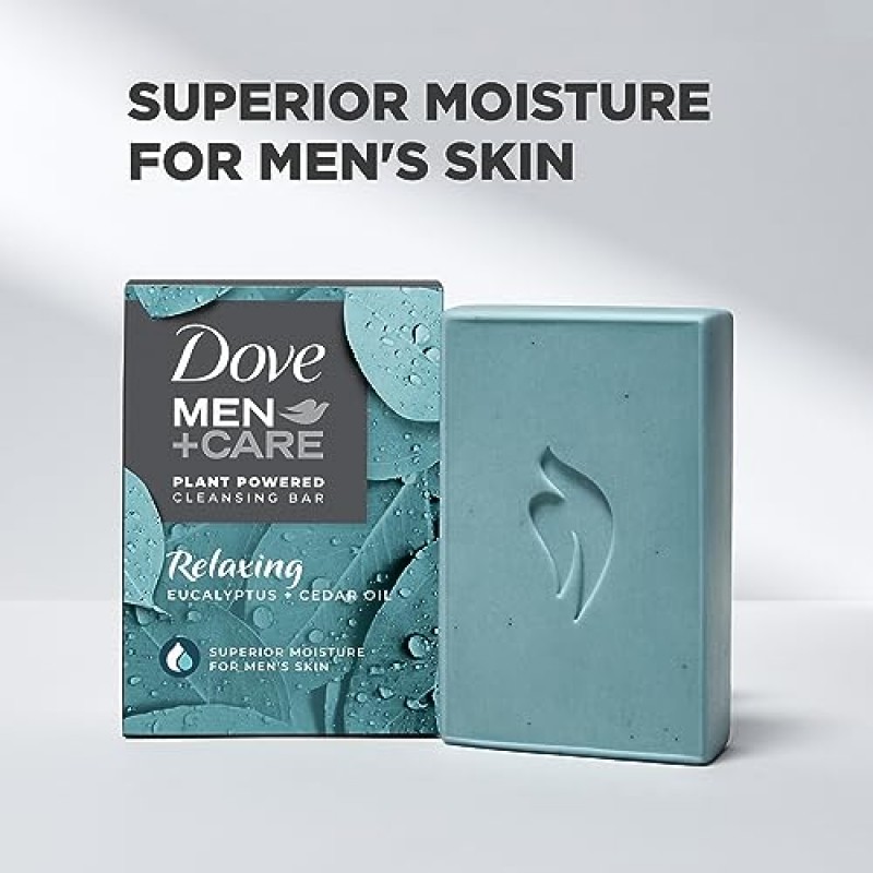 Dove Men+Care 천연 에센셜 오일 바 비누 릴랙싱 유칼립투스 오일 & 삼나무 오일 4 카운트 남성 피부를 깨끗하게 하고 수분을 공급합니다 남성용 바디, 헤어, 얼굴 및 면도용 4-in-1 바 비누 5온스
