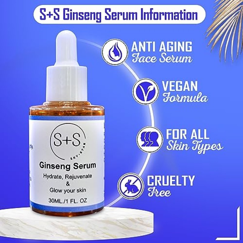 S+S 인삼 세럼, 글로우 부스트 인삼 페이스 세럼, 안티 에이징 세럼, 안티 링클 세럼, 퍼밍 하이드레이팅 브라이트닝 스킨케어 뷰티 오일, 1Fl Oz