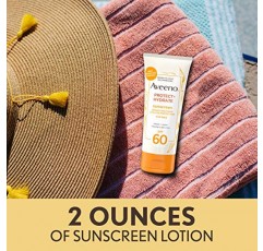 Aveeno Protect + 광범위한 스펙트럼 Spf 60 및 프리바이오틱 귀리를 함유한 하이드레이트 모이스춰라이징 페이스 선스크린 로션, 무게가 없고 상쾌한 느낌, 파라벤 무함유, 오일 무함유, 옥시벤존 무함유, 2.0온스