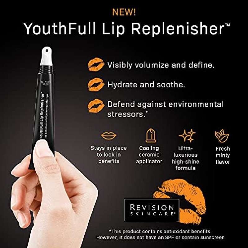 Revision Skincare Youth젊은 입술을 위한 완벽한 솔루션인 히알루론산이 함유된 풀 립 리플레니셔, 눈에 띄게 볼륨을 부여하고 정의하며 수분을 공급하고 진정시킵니다, 0.33온스
