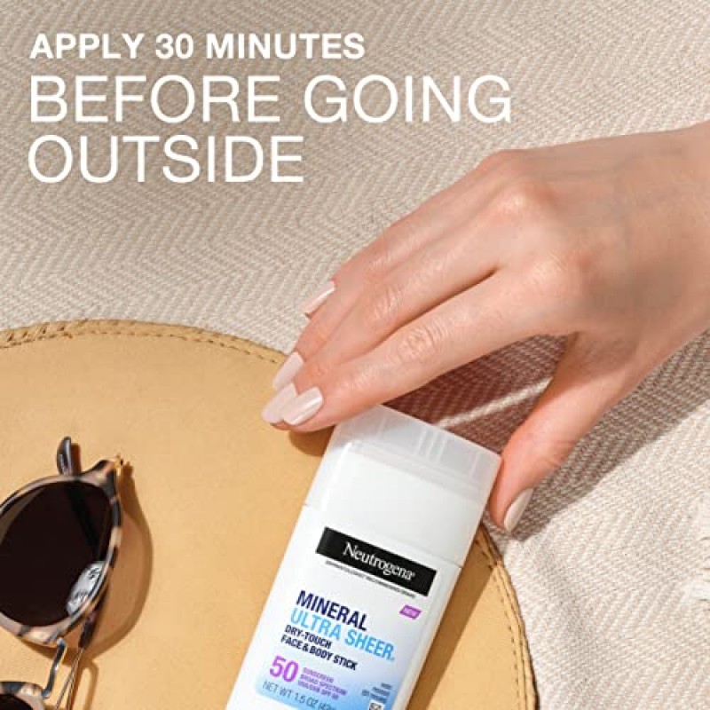 뉴트로지나 울트라 쉬어 드라이 터치 SPF 50 미네랄 자외선 차단제 스틱(민감한 피부, 얼굴 및 바디용 자외선 차단제, 산화아연 및 비타민 E 함유, 백색 잔류물 없음, 비면포성 및 비건, 1.5온스)