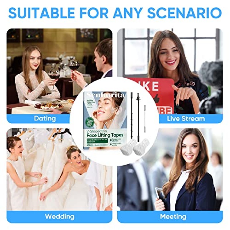 Senhorita 페이스 리프트 테이프 보이지 않는, 90Pcs 고탄성 초박형 페이스 테이프, 얼굴 주름을 숨기는 V-라인 페이스 리프트 밴드 이중 턱 및 처진 피부 리프트