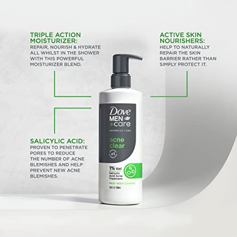 DOVE MEN + CARE 어드밴스드 케어 클렌저 여드름 클리어 3개 여드름이 발생하기 쉬운 피부용 페이스 + 바디 클렌저(1% 살리실산 함유) 16.9온스