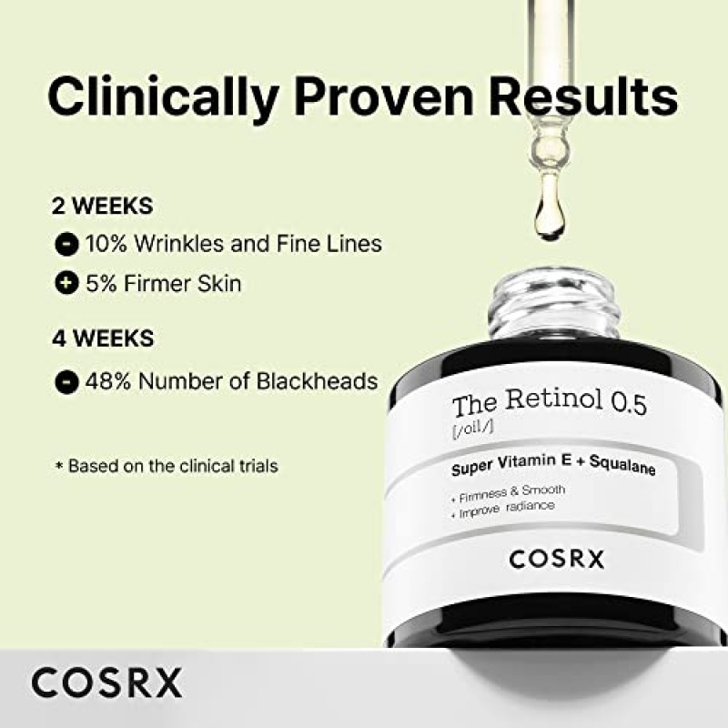 COSRX 레티놀 0.5 오일, 얼굴용 0.5% 레티노이드 트리트먼트가 함유된 안티에이징 세럼, 주름, 잔주름 및 노화 징후 감소, 낮과 밤을 위한 순한 스킨케어, 동물 실험을 거치지 않음, 한국 스킨케어