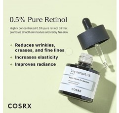 COSRX 레티놀 0.5 오일, 얼굴용 0.5% 레티노이드 트리트먼트가 함유된 안티에이징 세럼, 주름, 잔주름 및 노화 징후 감소, 낮과 밤을 위한 순한 스킨케어, 동물 실험을 거치지 않음, 한국 스킨케어