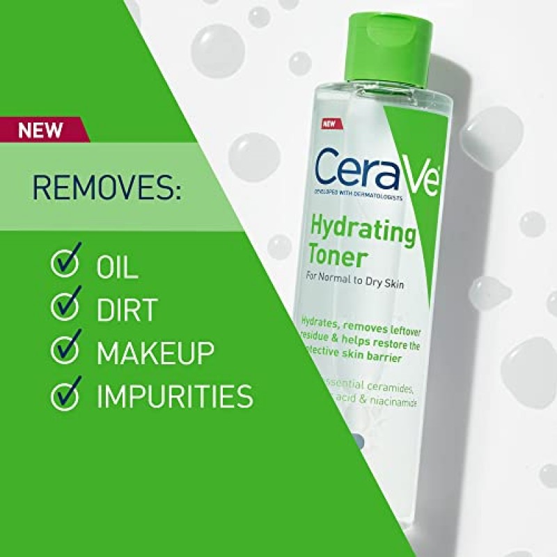 민감성 건성 피부를 위한 히알루론산, 나이아신아마이드, 세라마이드 함유 무알코올 얼굴용 CeraVe 하이드레이팅 토너, 무향 무코메도제닉, 풀 사이즈, 6.8 Fl Oz
