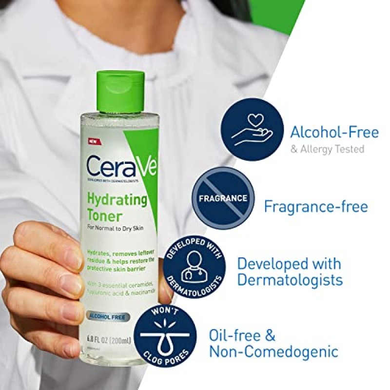 민감성 건성 피부를 위한 히알루론산, 나이아신아마이드, 세라마이드 함유 무알코올 얼굴용 CeraVe 하이드레이팅 토너, 무향 무코메도제닉, 풀 사이즈, 6.8 Fl Oz