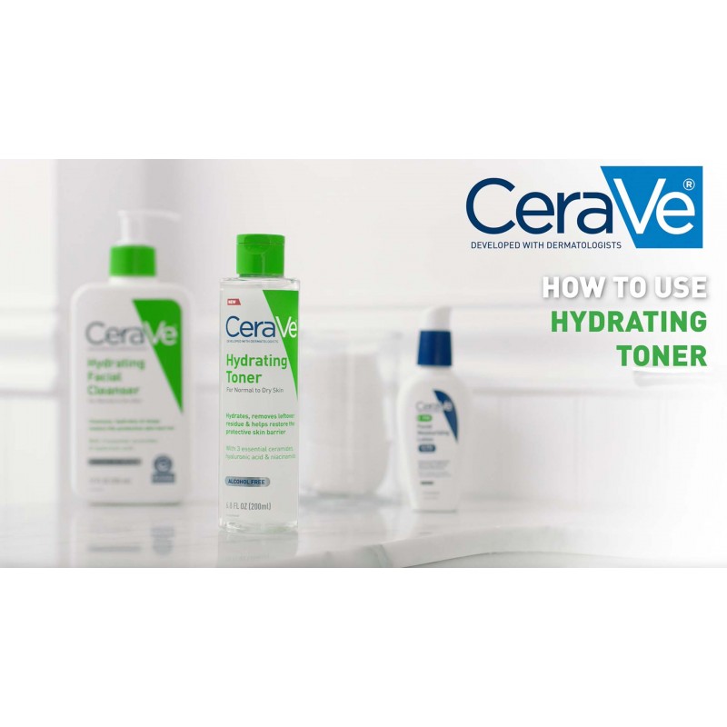 민감성 건성 피부를 위한 히알루론산, 나이아신아마이드, 세라마이드 함유 무알코올 얼굴용 CeraVe 하이드레이팅 토너, 무향 무코메도제닉, 풀 사이즈, 6.8 Fl Oz