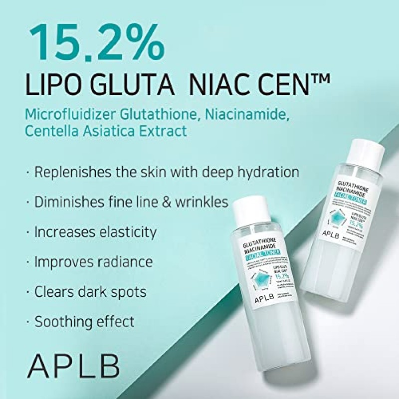 APLB 글루타티온 나이아신아마이드 페이셜 토너 | LIPO GLUTA NIAC CEN™ 15.2% 5.41 FL.OZ/한국 스킨케어, 수분 보충, 나이아신아마이드를 통해 피부결을 부드럽게 하고 피부 결을 개선합니다.
