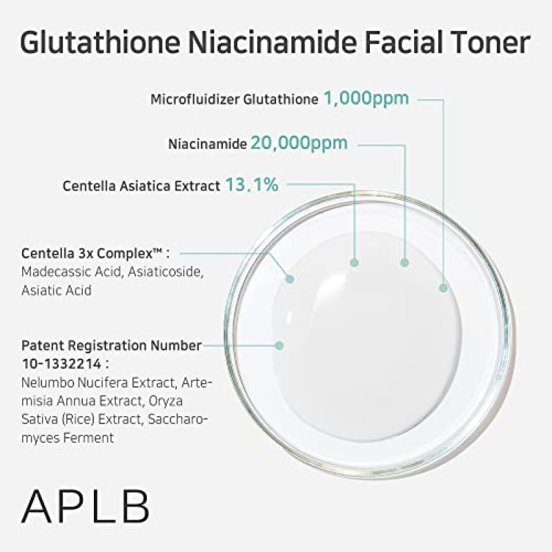 APLB 글루타티온 나이아신아마이드 페이셜 토너 | LIPO GLUTA NIAC CEN™ 15.2% 5.41 FL.OZ/한국 스킨케어, 수분 보충, 나이아신아마이드를 통해 피부결을 부드럽게 하고 피부 결을 개선합니다.
