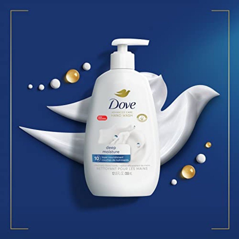 Dove Advanced Care 핸드 워시 딥 모이스처 4개는 부드럽고 매끄러운 피부를 선사하며, 일반 핸드 비누보다 더 많은 보습 성분을 함유하고 있습니다. 12온스