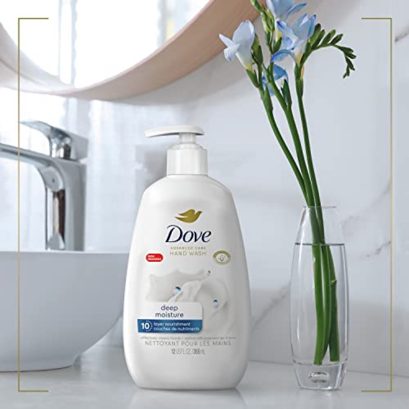 Dove Advanced Care 핸드 워시 딥 모이스처 4개는 부드럽고 매끄러운 피부를 선사하며, 일반 핸드 비누보다 더 많은 보습 성분을 함유하고 있습니다. 12온스