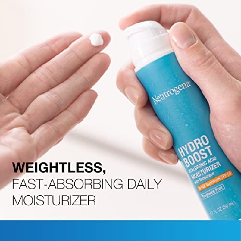 넓은 스펙트럼 SPF 50 자외선 차단제를 함유한 뉴트로지나 하이드로 부스트 히알루론산 페이셜 모이스처라이저, 건성 피부에 수분을 공급하고 진정시키는 데일리 워터 젤 페이스 모이스처라이저, 무향, 1.7 fl. 온스