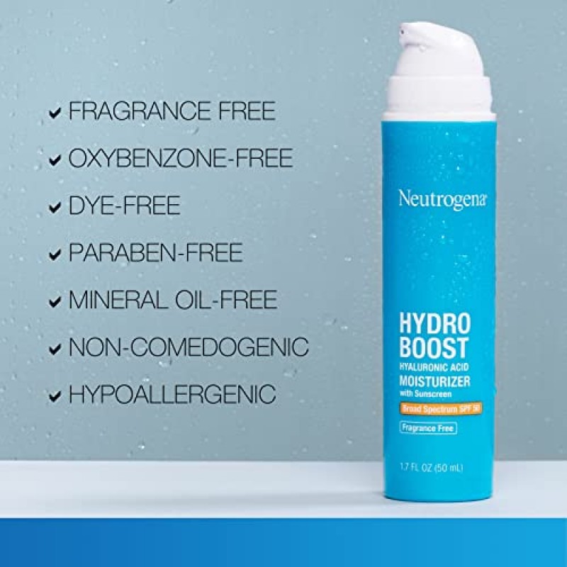 넓은 스펙트럼 SPF 50 자외선 차단제를 함유한 뉴트로지나 하이드로 부스트 히알루론산 페이셜 모이스처라이저, 건성 피부에 수분을 공급하고 진정시키는 데일리 워터 젤 페이스 모이스처라이저, 무향, 1.7 fl. 온스