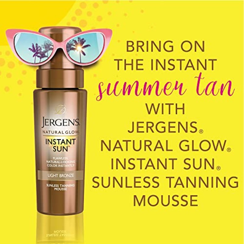 Jergens Natural Glow 인스턴트 셀프 태너 무스, 햇빛 없는 태닝 라이트 브론즈 태닝, 자연스러운 태닝을 위한, 6온스(2팩)