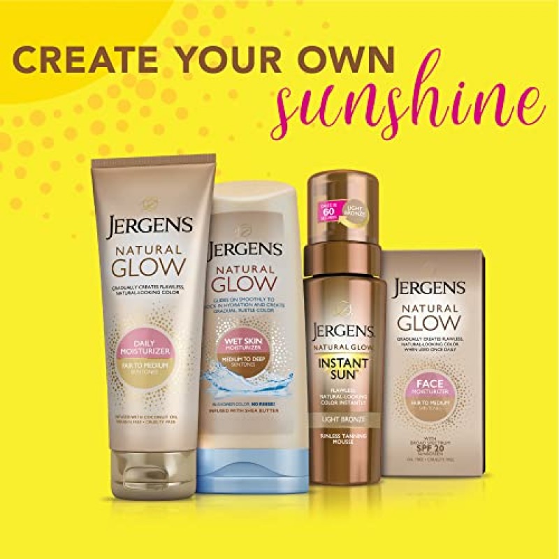 Jergens Natural Glow 인스턴트 셀프 태너 무스, 햇빛 없는 태닝 라이트 브론즈 태닝, 자연스러운 태닝을 위한, 6온스(2팩)