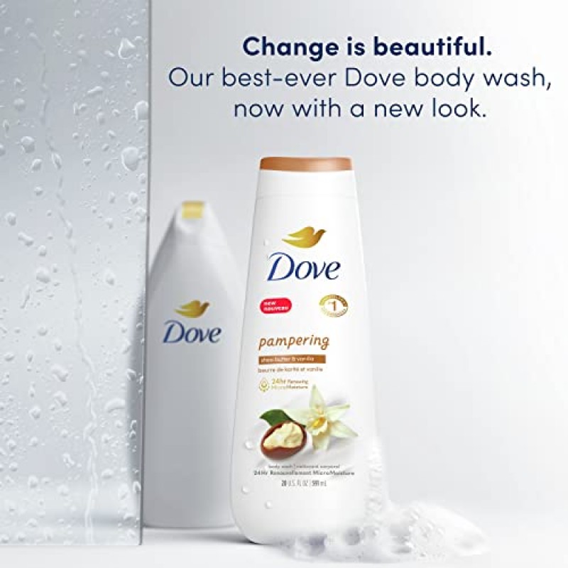 Dove 바디 워시 팸퍼링 시어 버터 & 바닐라 4개, 재생되고 건강해 보이는 피부를 위한 부드러운 피부 클렌저, 24시간 재생 마이크로 모이스처 20온스