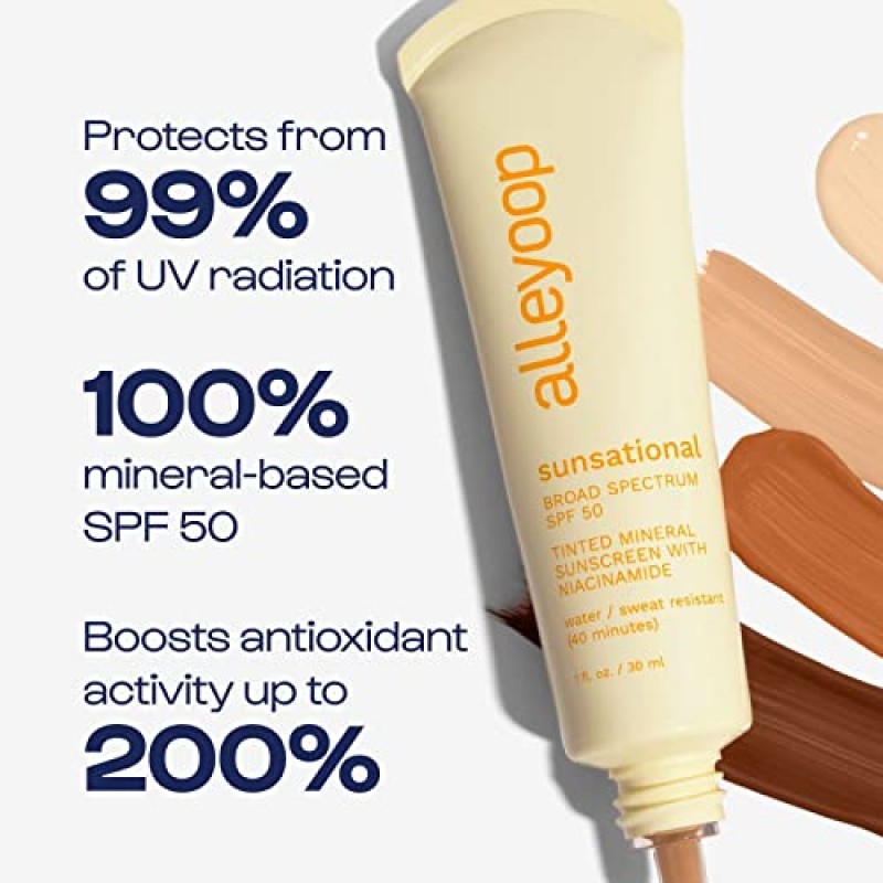 Alleyoop Sunsational Tinted Moisturizer Sunscreen for Face Broad Spectrum SPF 50, 나이아신아미드와 호호바가 함유된 틴티드 100% 미네랄 자외선 차단제, 수분을 보호하고 피부를 진정시킵니다. 비건, 동물 실험을 하지 않음 - Beam