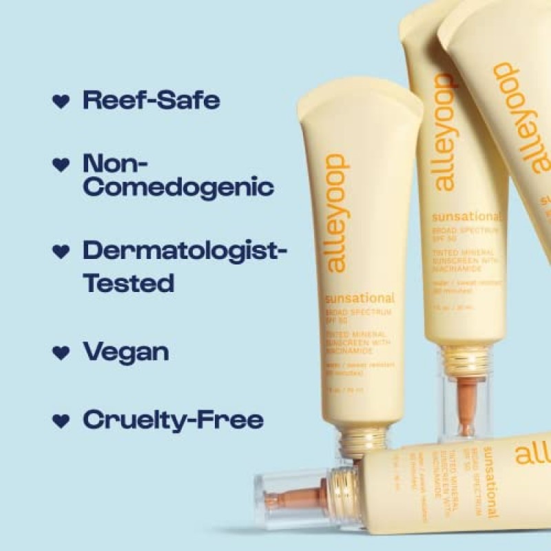Alleyoop Sunsational Tinted Moisturizer Sunscreen for Face Broad Spectrum SPF 50, 나이아신아미드와 호호바가 함유된 틴티드 100% 미네랄 자외선 차단제, 수분을 보호하고 피부를 진정시킵니다. 비건, 동물 실험을 하지 않음 - Beam