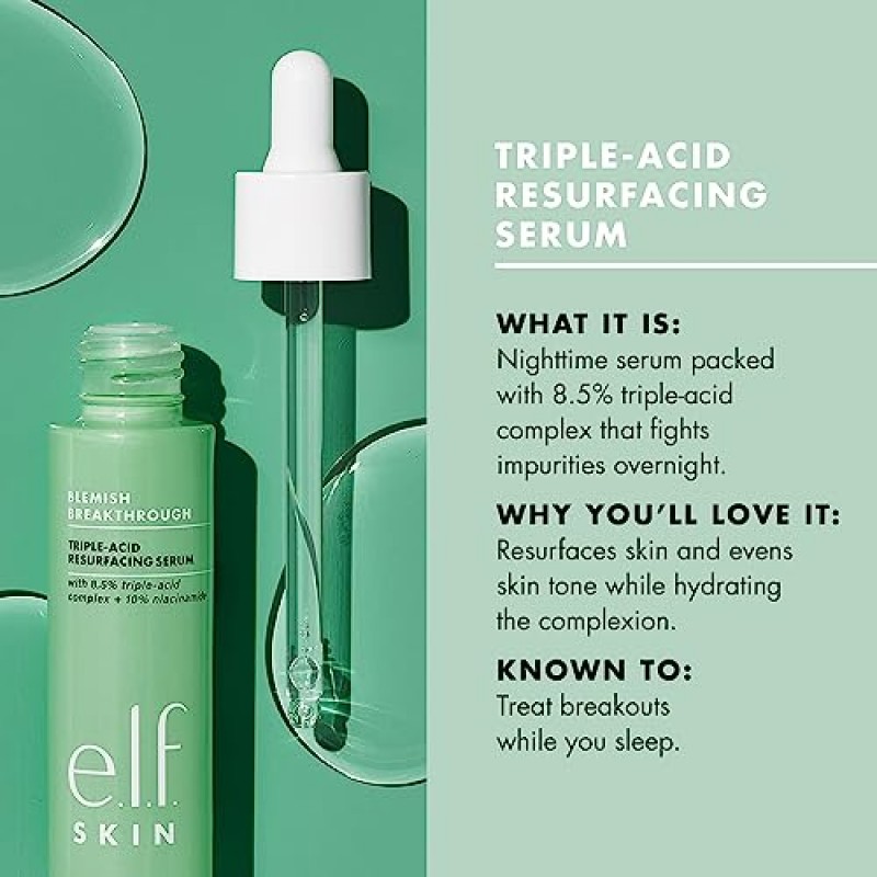 꼬마 요정. SKIN Blemish Breakthrough 삼중산 재포장 세럼, 여드름 퇴치를 위한 하이드레이팅 나이트 세럼, 나이아신아마이드로 제조, 비건 및 동물 실험을 하지 않음