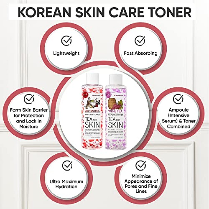 국산 페이스 토너, 와인티 & 홍삼 에센스 토너 2개 세트, 수분 공급 토너 국산, 무알코올, 여드름, 지성, 복합성 또는 건성 피부용, 낮은 pH 밸런싱 및 모공 최소화 토너 여성용