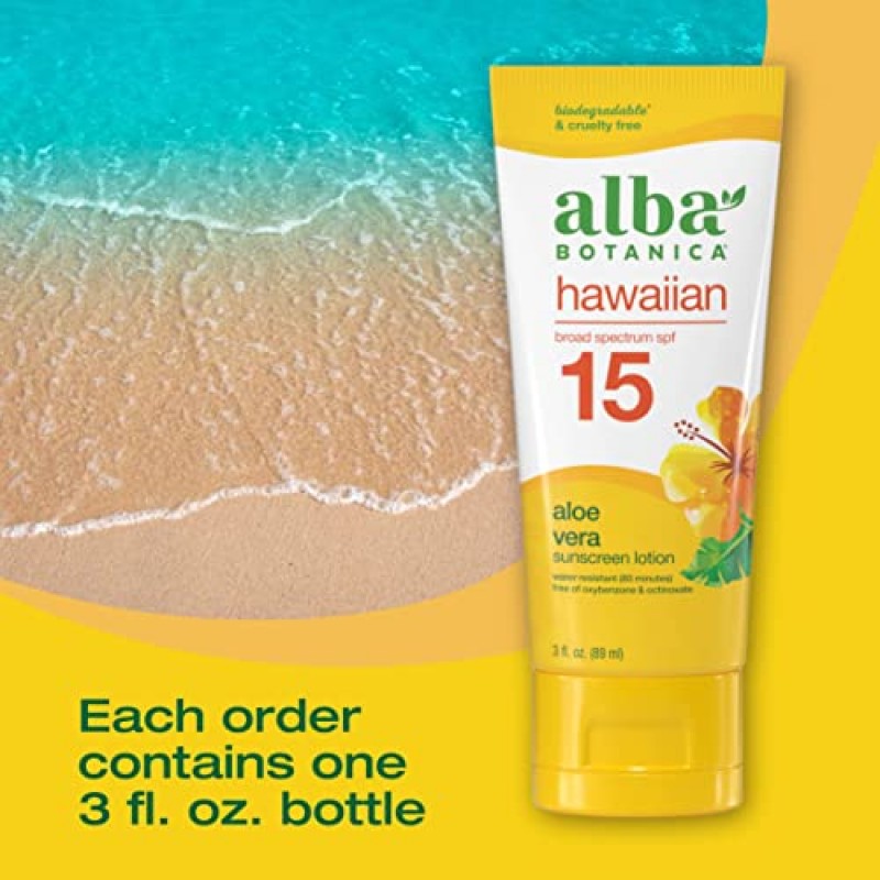Alba Botanica 얼굴 및 몸용 자외선 차단제, 하와이 알로에 베라 자외선 차단제 로션, 광범위한 스펙트럼 SPF 15 자외선 차단제, 방수 및 생분해성, 3 fl. 온스 병