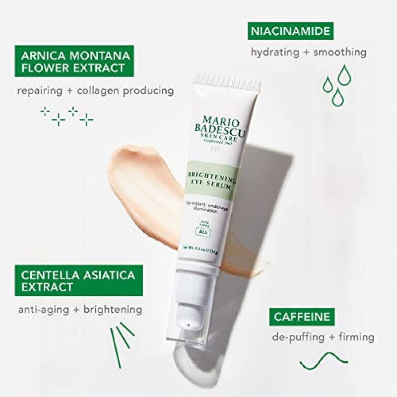 Mario Badescu 브라이트닝 & 리바이탈라이징 언더 아이 세럼, 안티 에이징 & 하이드레이팅, 카페인과 스쿠알란으로 잔주름과 다크서클을 완화합니다, 0.5온스